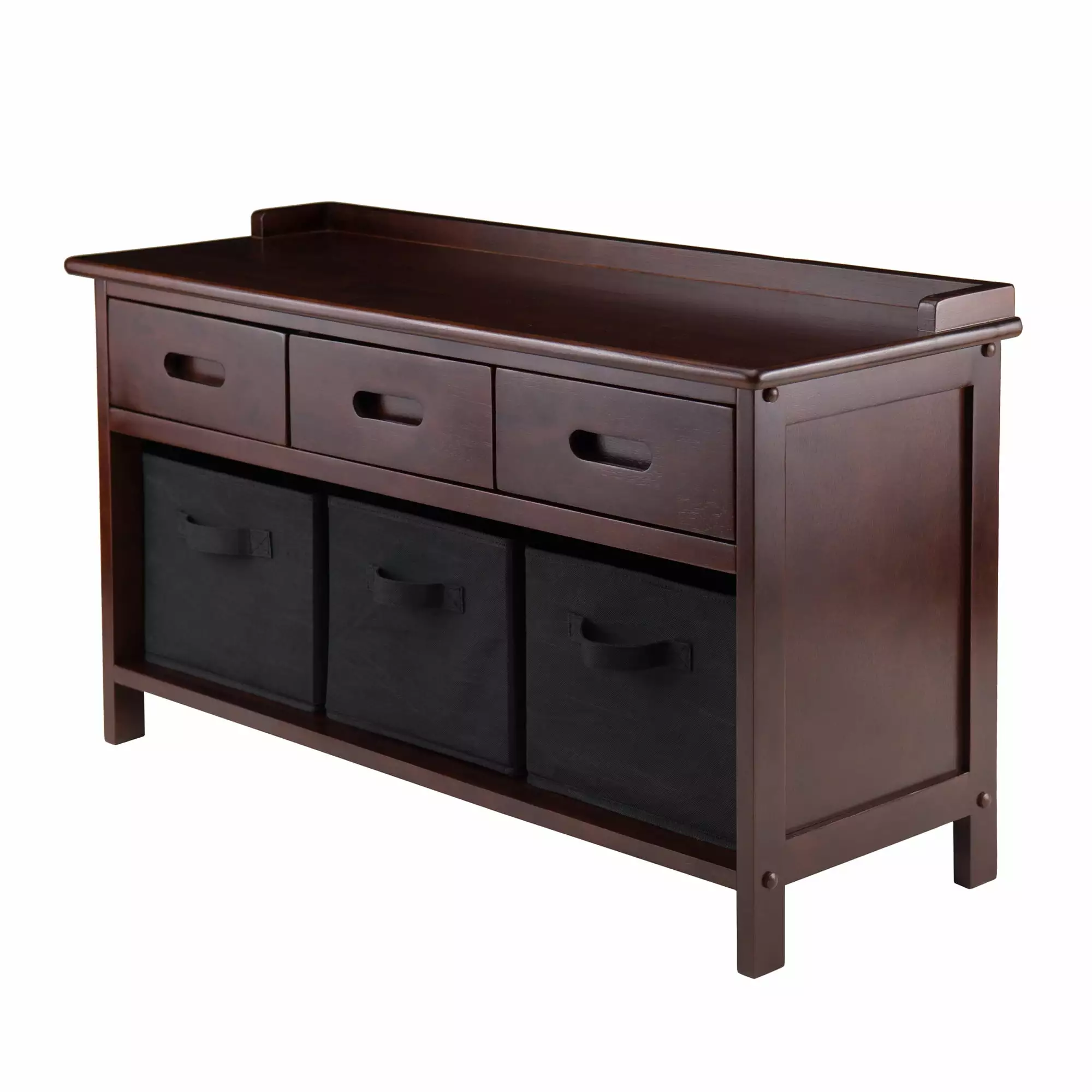 Contemporary Home Living 38.25 Walnut Wood Storage Bench 3 Foldable Black Fabric Baskets Benches