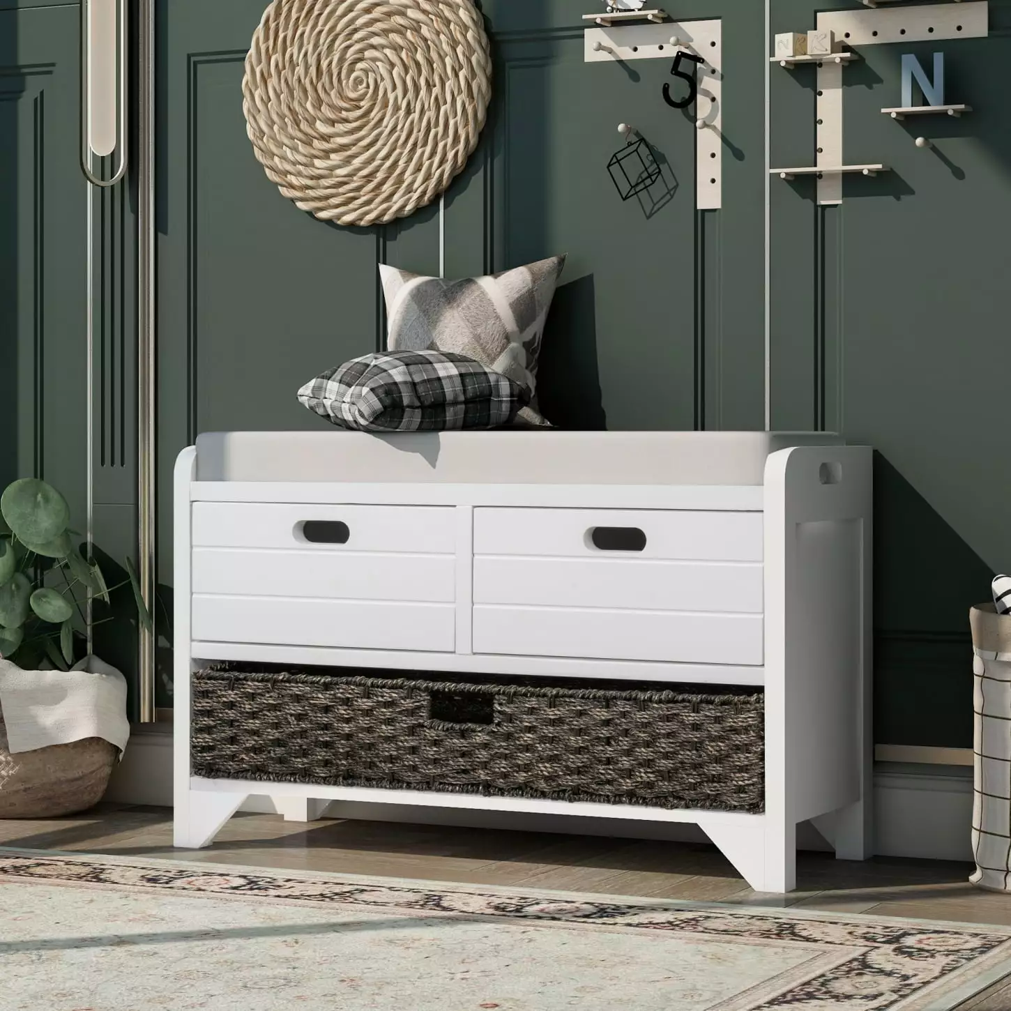 Versatile White Solid Wood Storage Bench - Rustic Charm Cushioned Top, 2 Drawers & Removable Basket Benches HATNOKIL