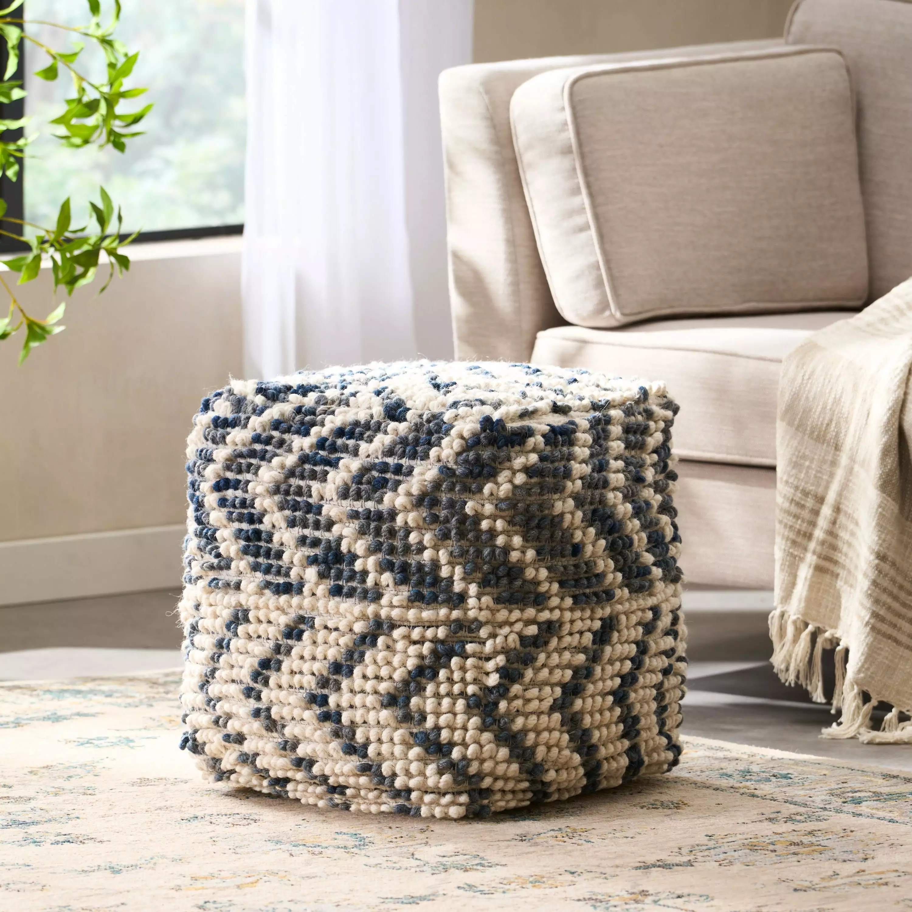 Noble House Cube Chevron Tufted Wool Pouf Living Room Accent
