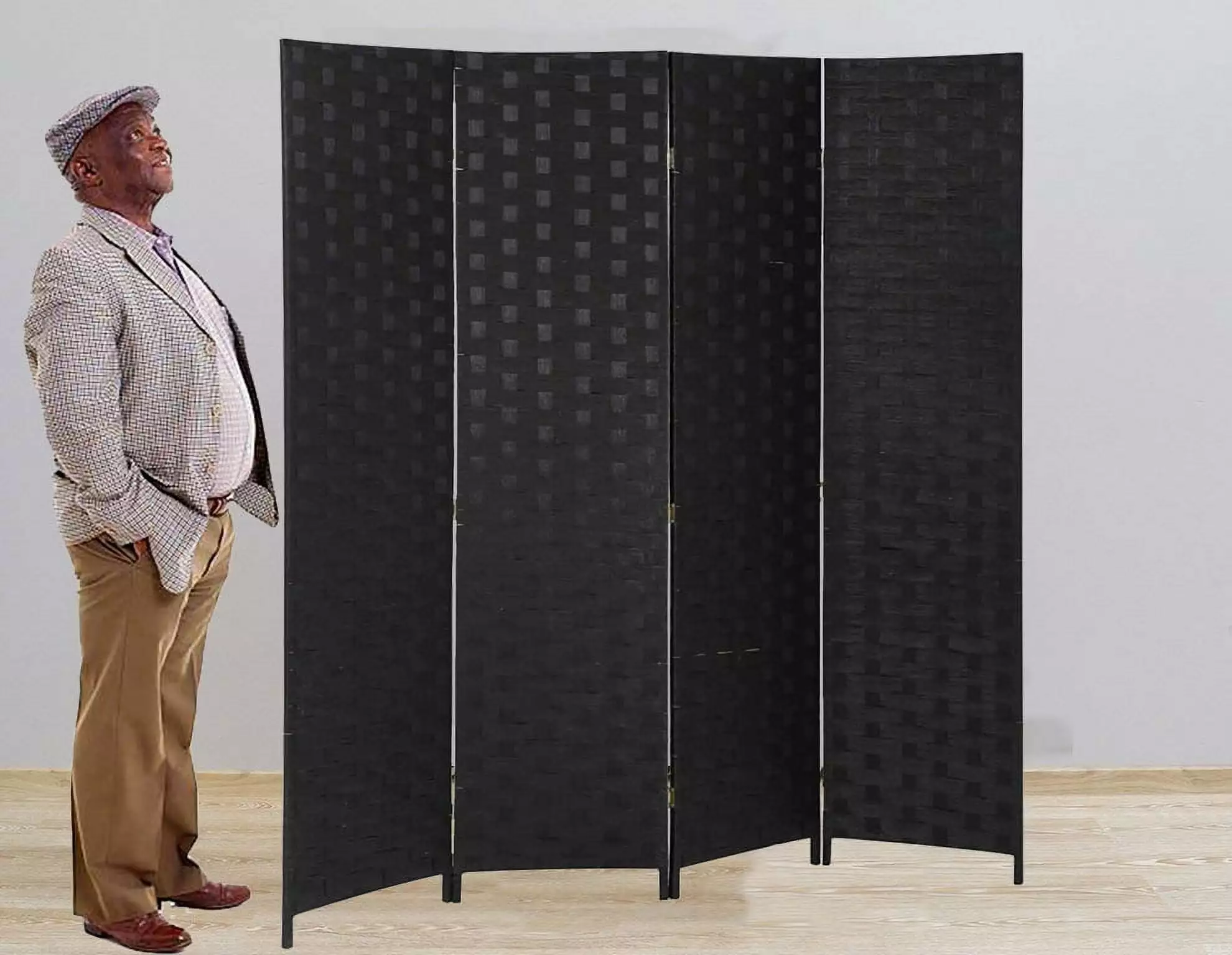 Dkelincs Wood Woven Room Divider Screen 4 Panel Folding Privacy Partition Wall Black
