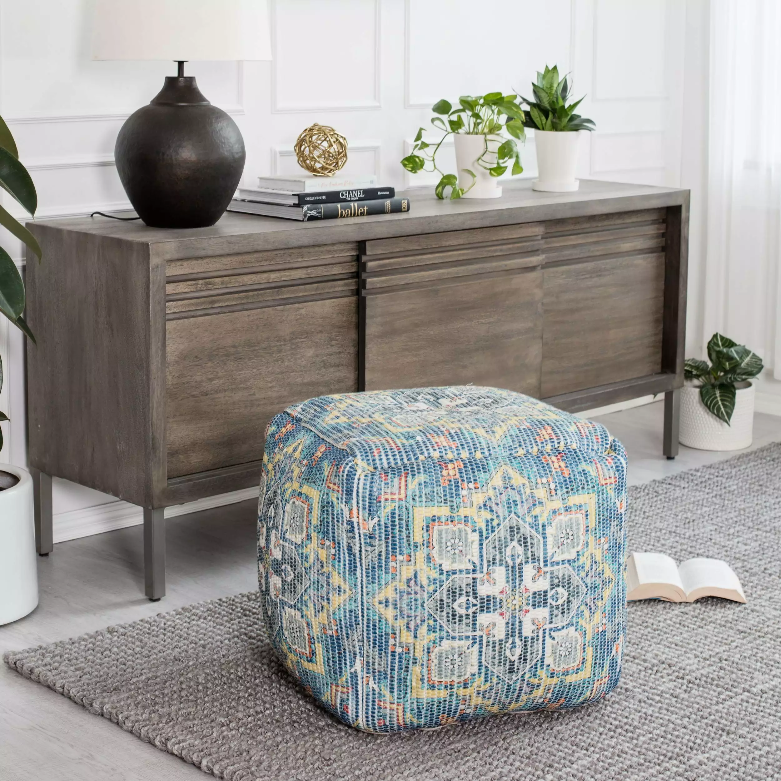 Anji Mountain Cube Floral Woven Pouf Ottoman Footrest Home Decor