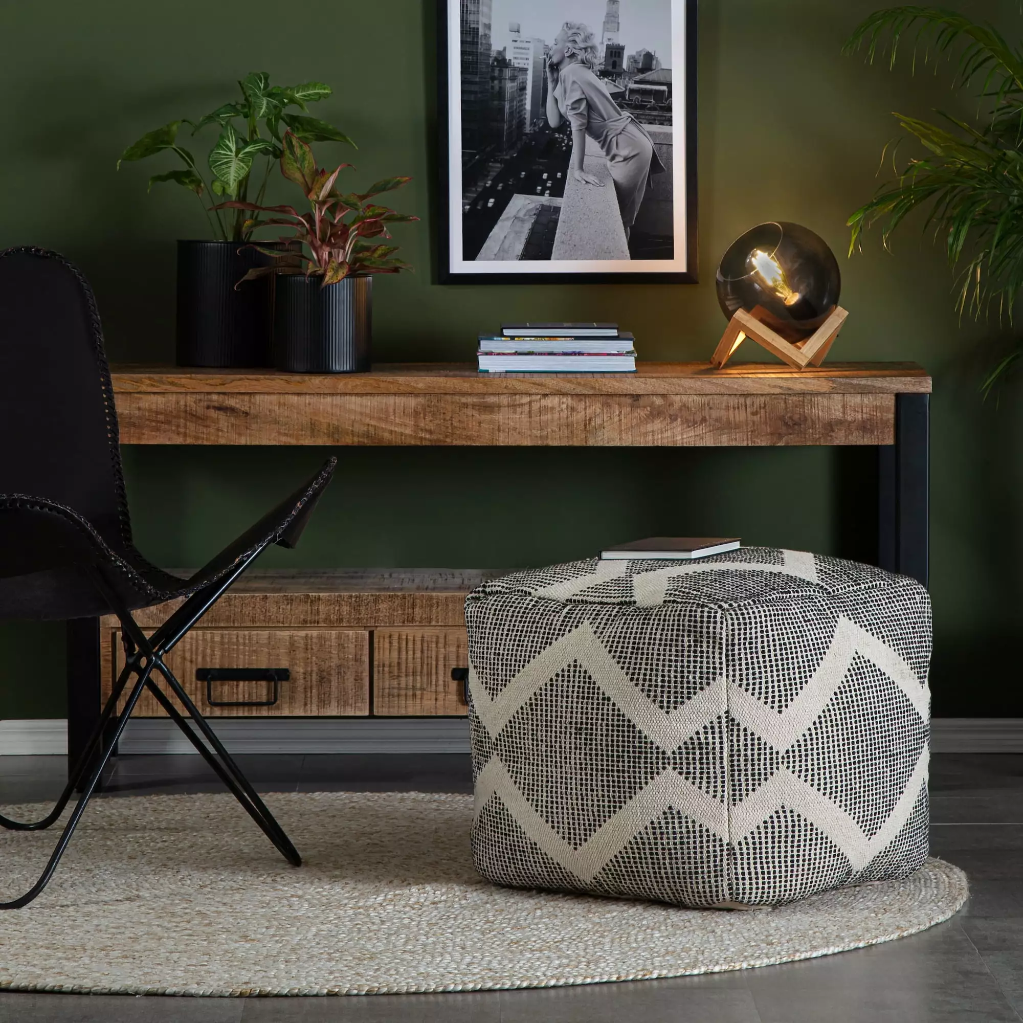 Anji Mountain Maplewood 20 Square Pouf Ottoman Black & Ivory Woven Footrest
