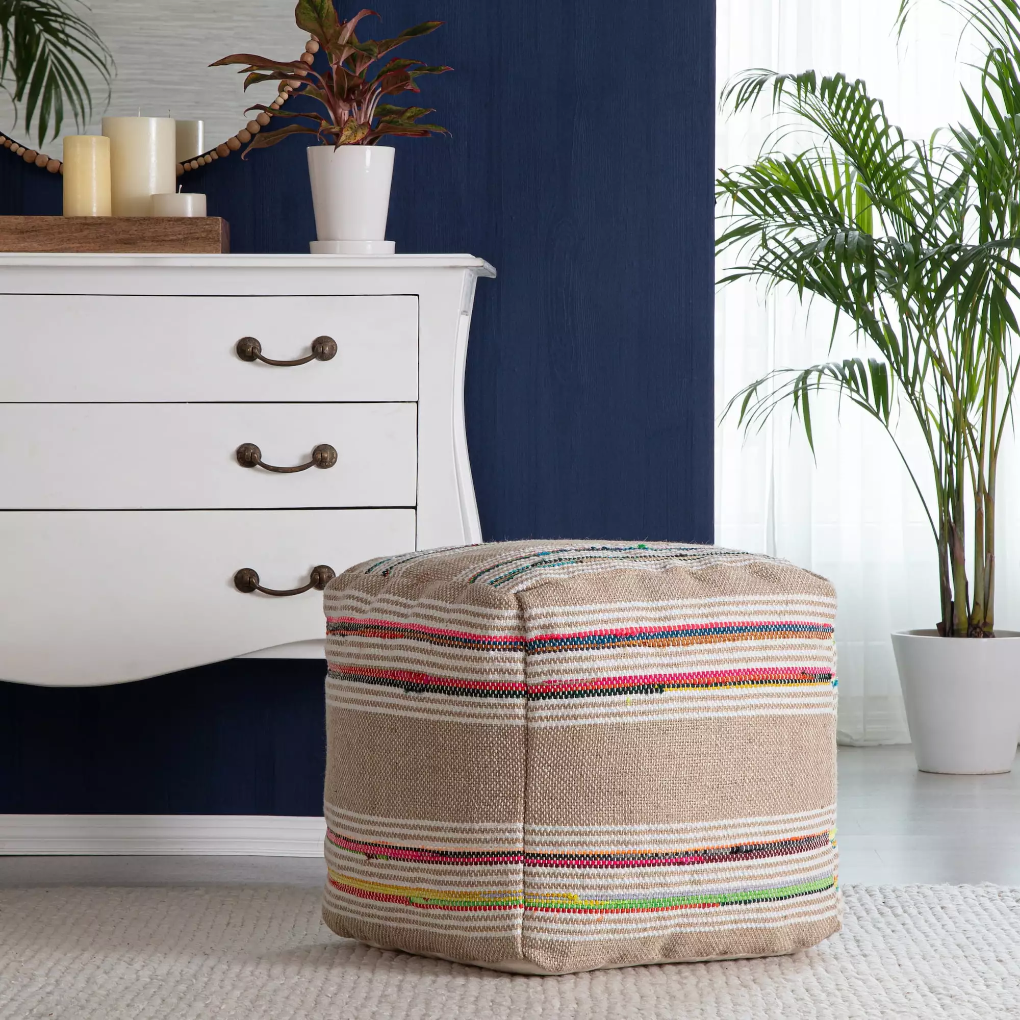 Anji Mountain Soulard 20 Square Pouf Ottoman Beige Multicolor Handwoven Accent Footrest