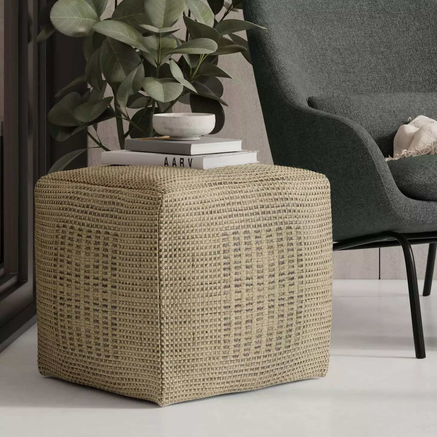 Simpli Home Delilah Contemporary Square Woven Pouf Natural