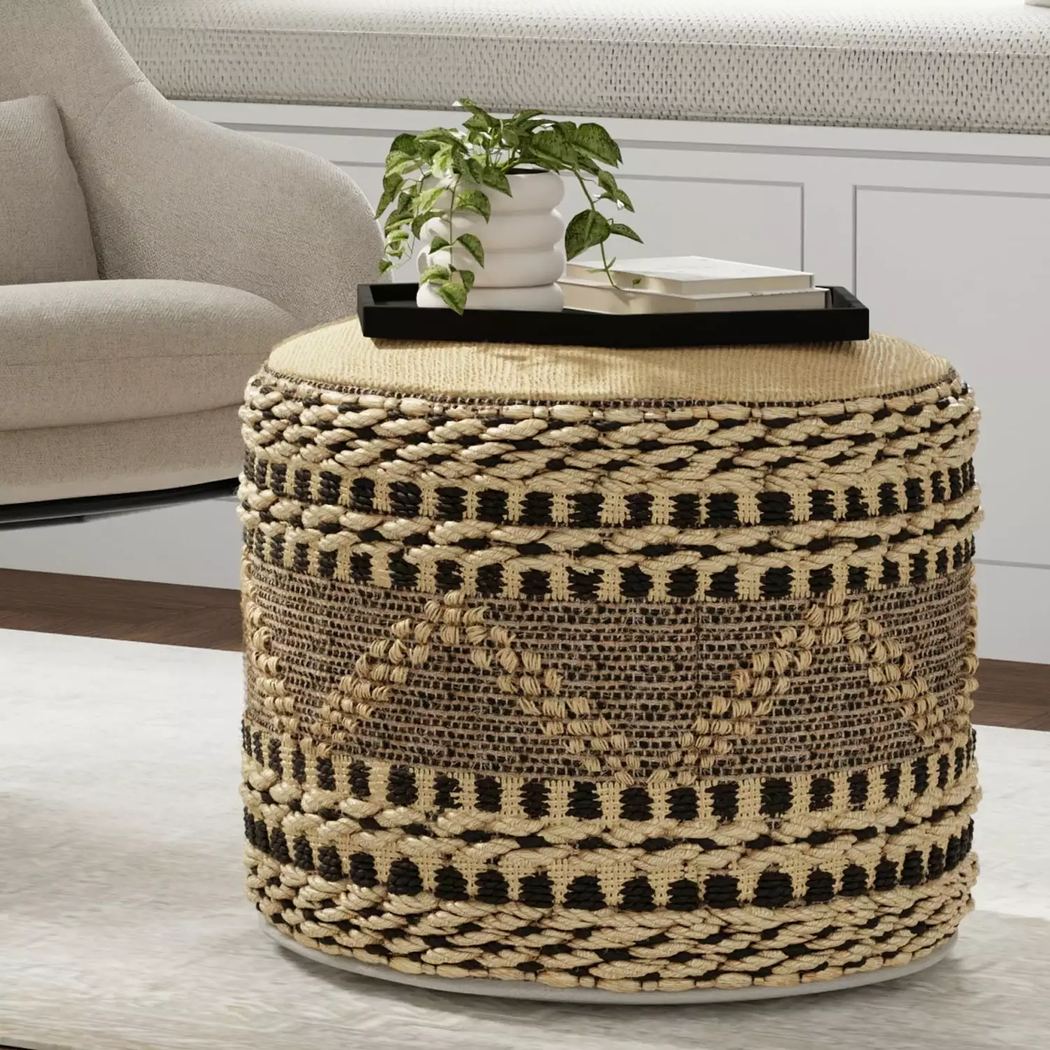 Simpli Home Stella Contemporary Round Woven Pouf Natural Black
