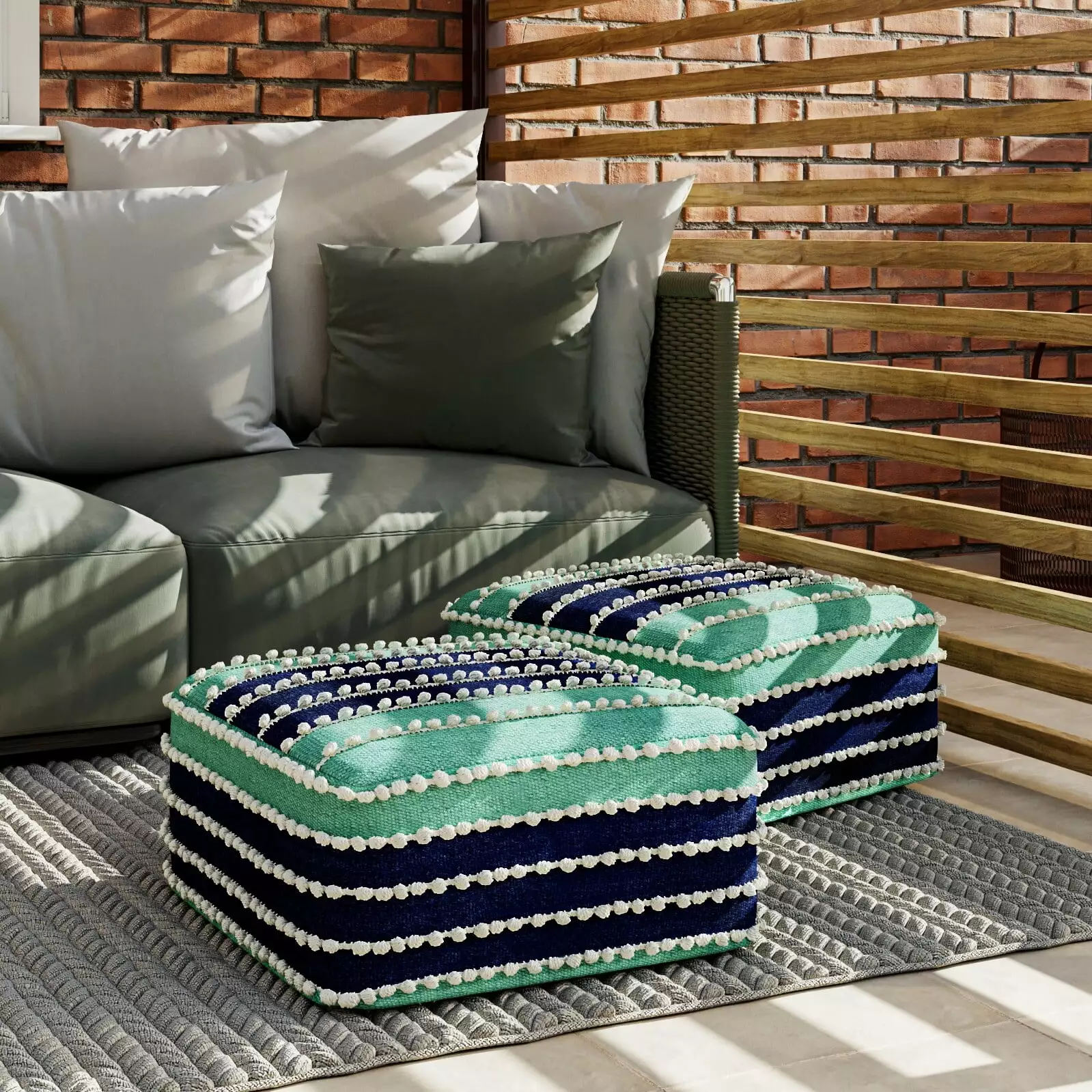 WyndenHall Judith Square Woven Pouf Aqua Navy and White Recycled PET Polyester Foot Stool Ottoman Wynden Hall
