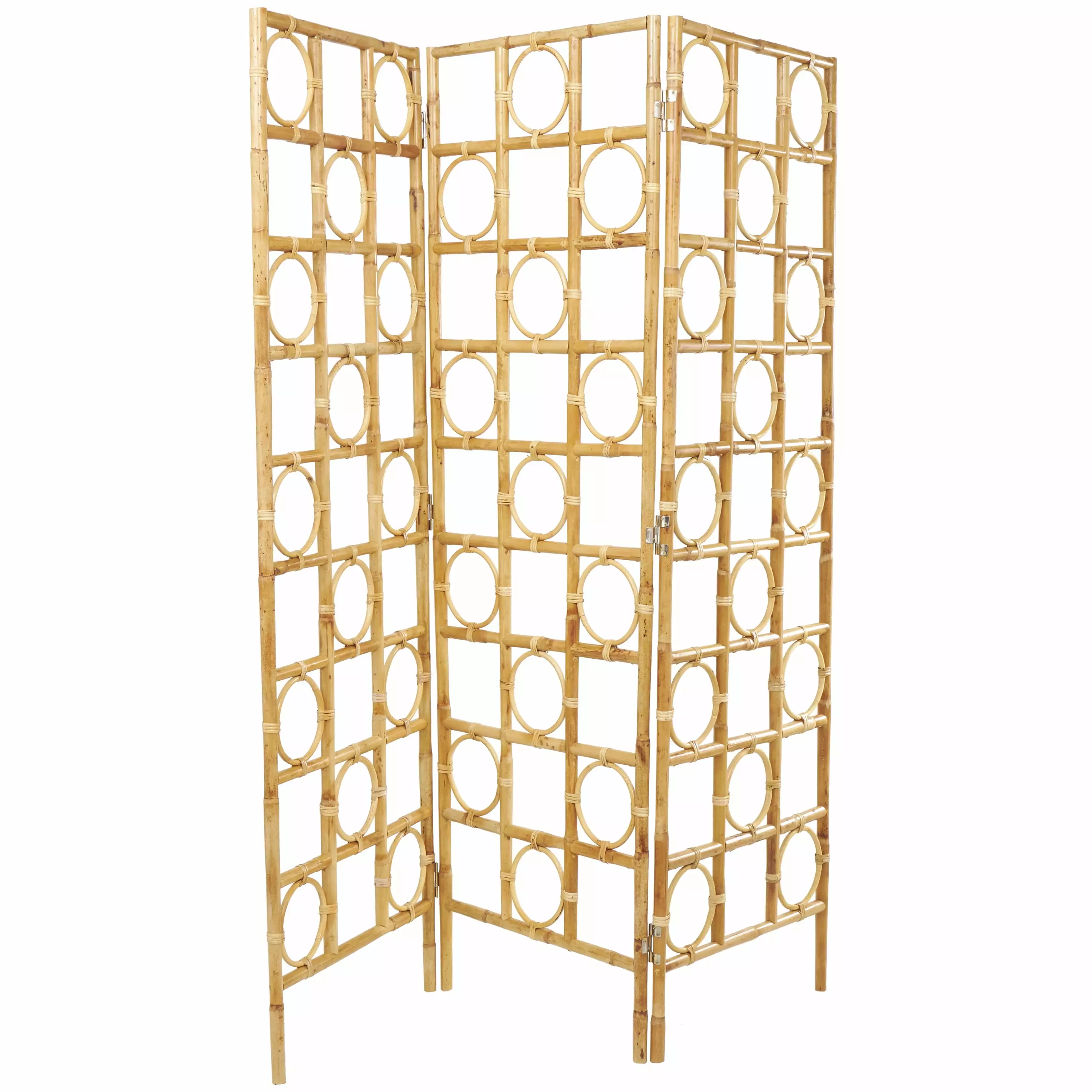 DecMode 61 x 71 Brown Rattan Geometric Room Divider - Handmade Woven 3 Panel Screen