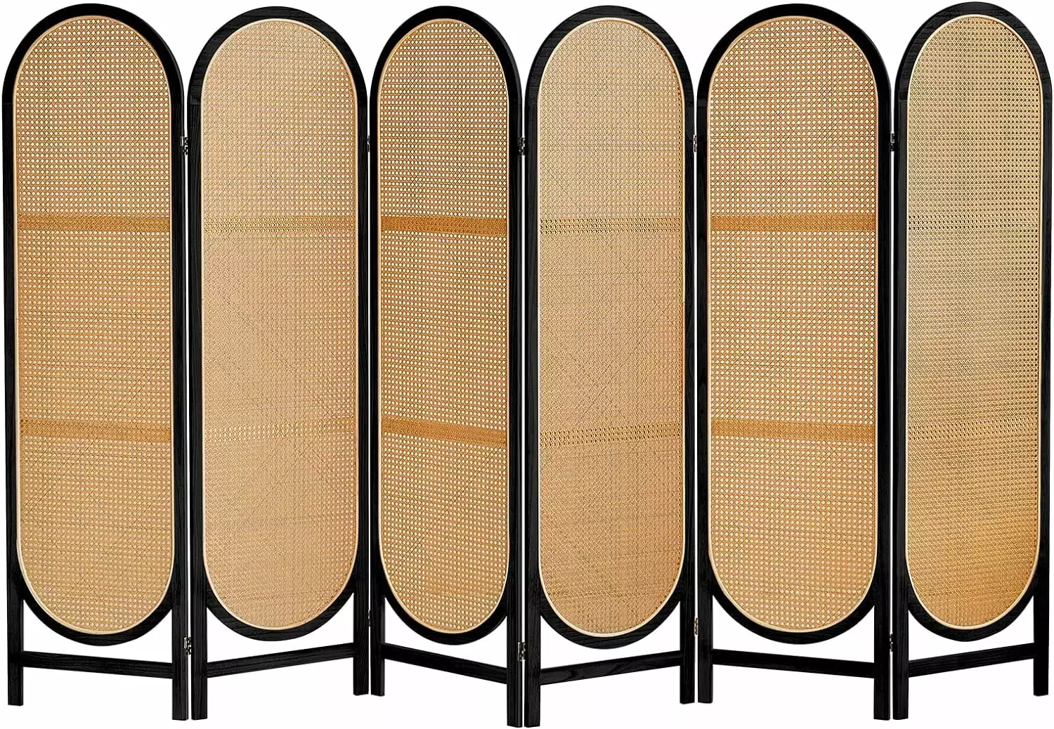 6 Panels Foldable Wooden Room Dividers Hand-Woven Rattan Privacy Screens KUANGHENG