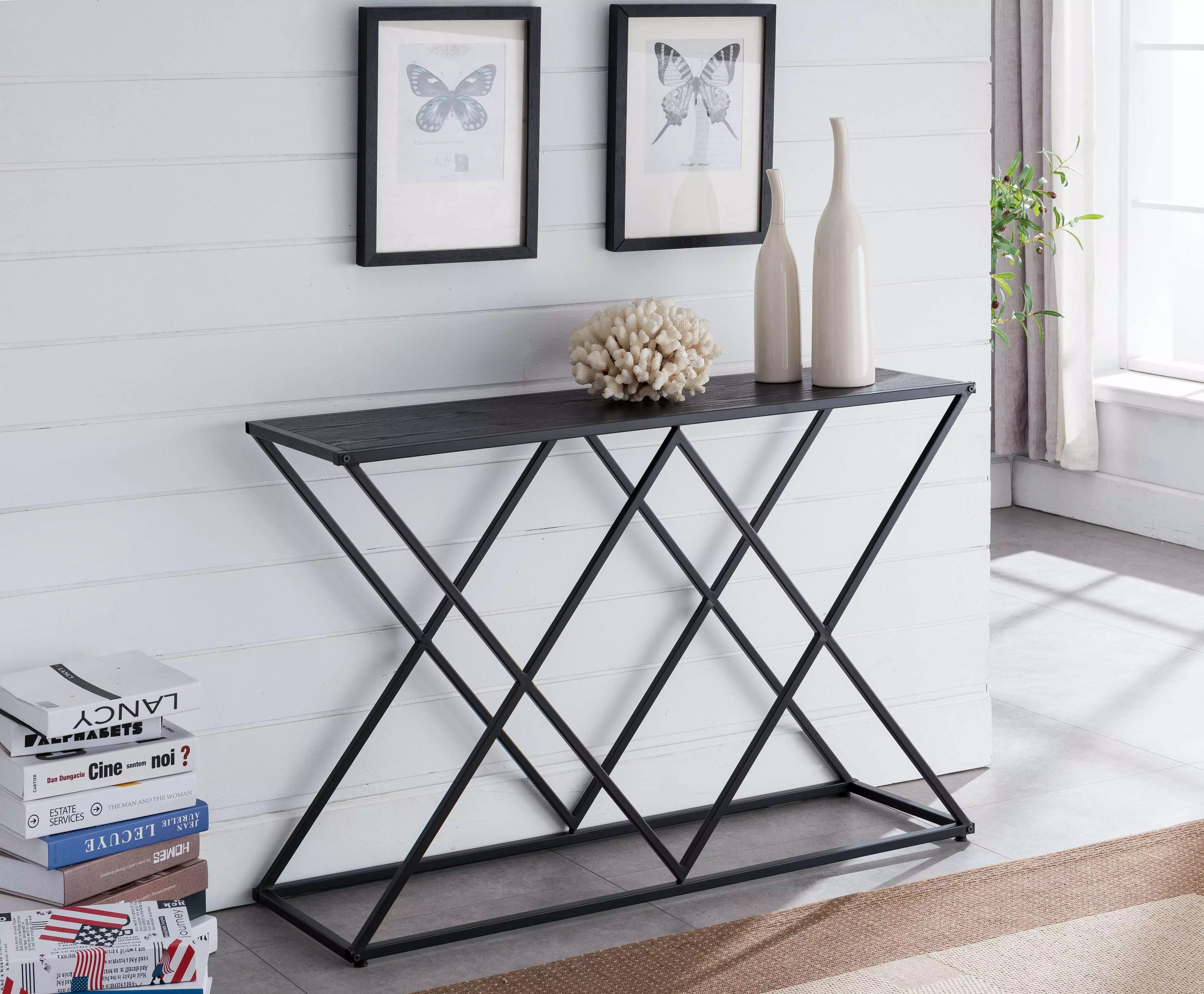Kings Brand Furniture Modern X-Design Console Table Black Metal Frame Dark Gray Wood Console