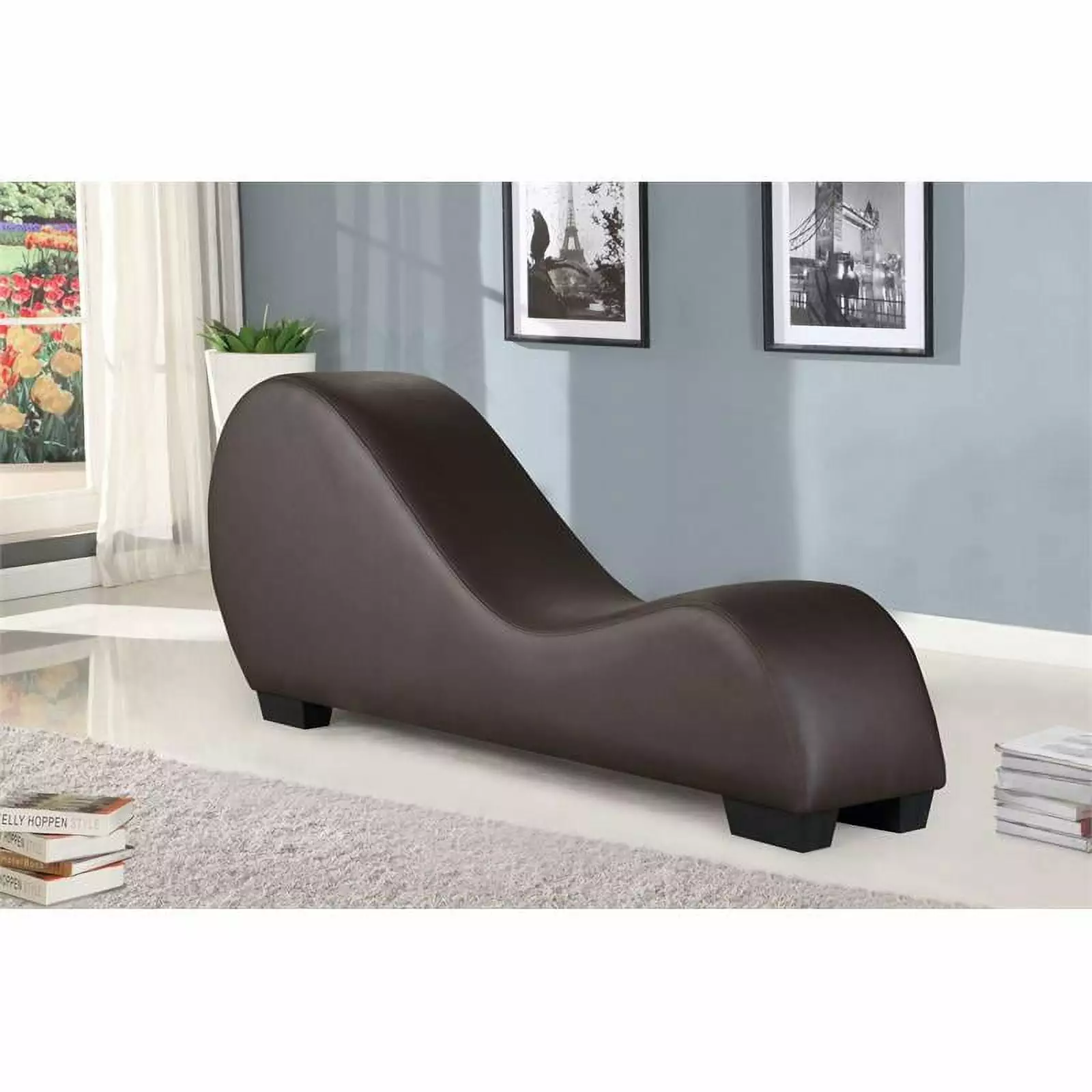 Bowery Hill Modern Faux Leather Yoga Relaxing Chaise Lounge Brown - Comfortable Lounge Chair Living Room Bedroom Chaise